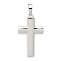 A polished silver cross pendant with a rounded rectangular form and beveled edges, suspended from a silver bail loop.