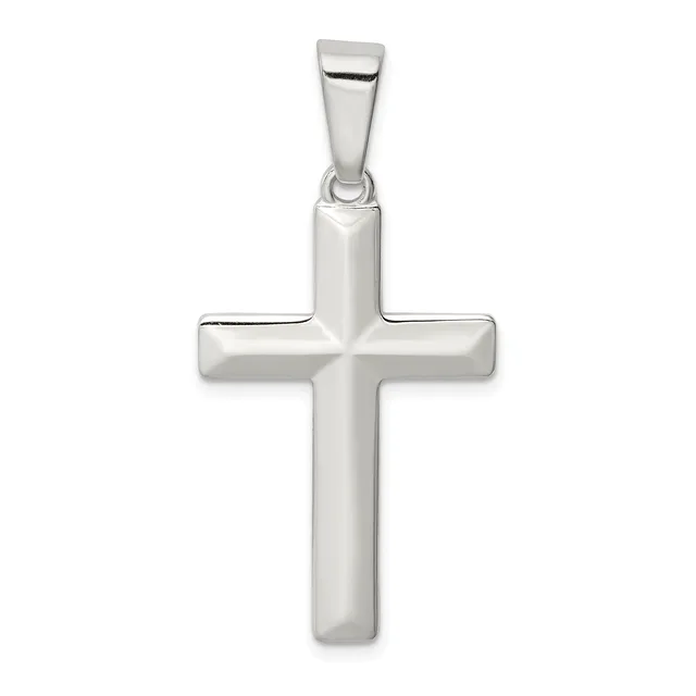 A polished silver cross pendant with rounded edges and a bail loop at the top, displayed against a white background.