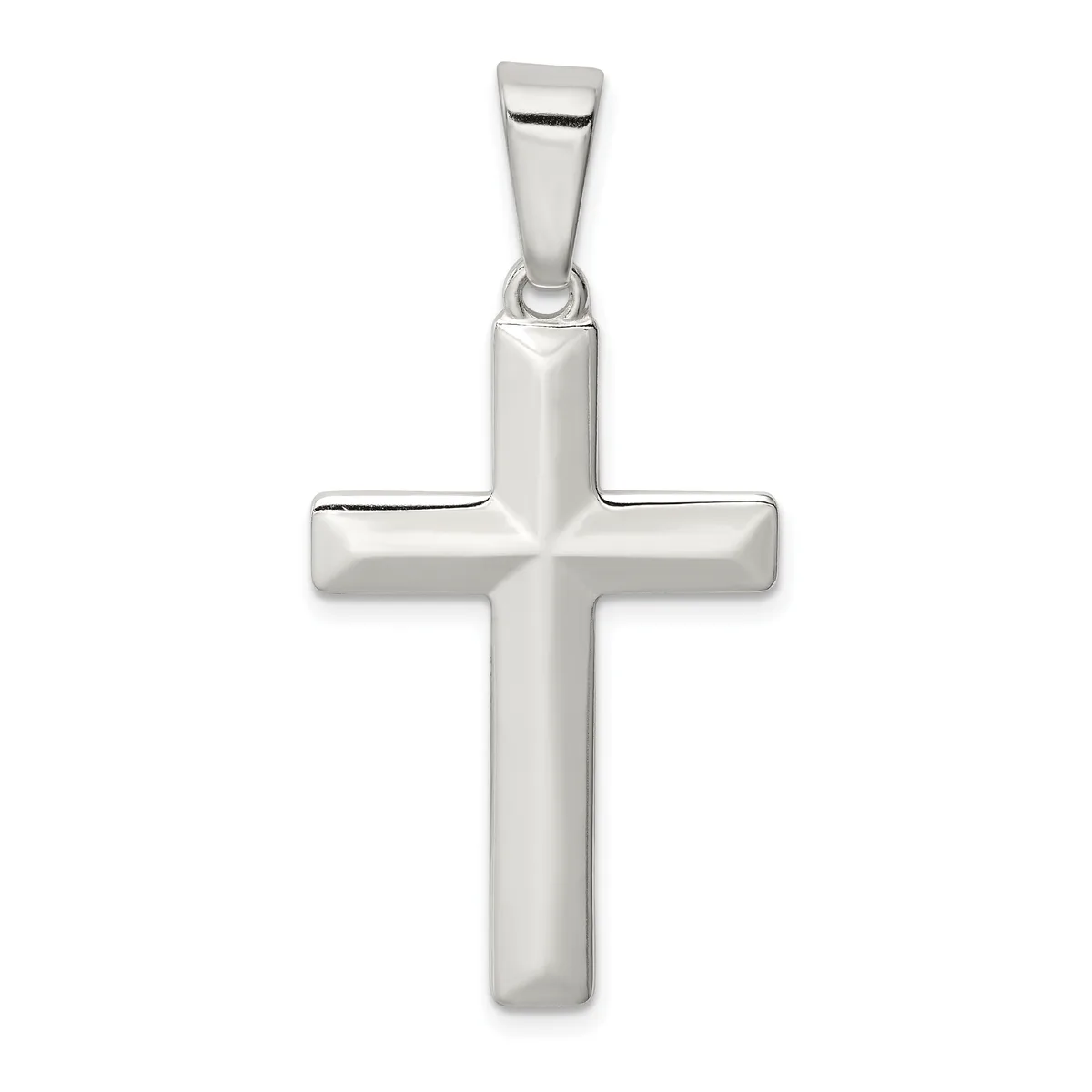 A polished silver cross pendant with rounded edges and a bail loop at the top, displayed against a white background.