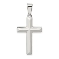 A polished silver cross pendant with rounded edges and a bail loop at the top, displayed against a white background.