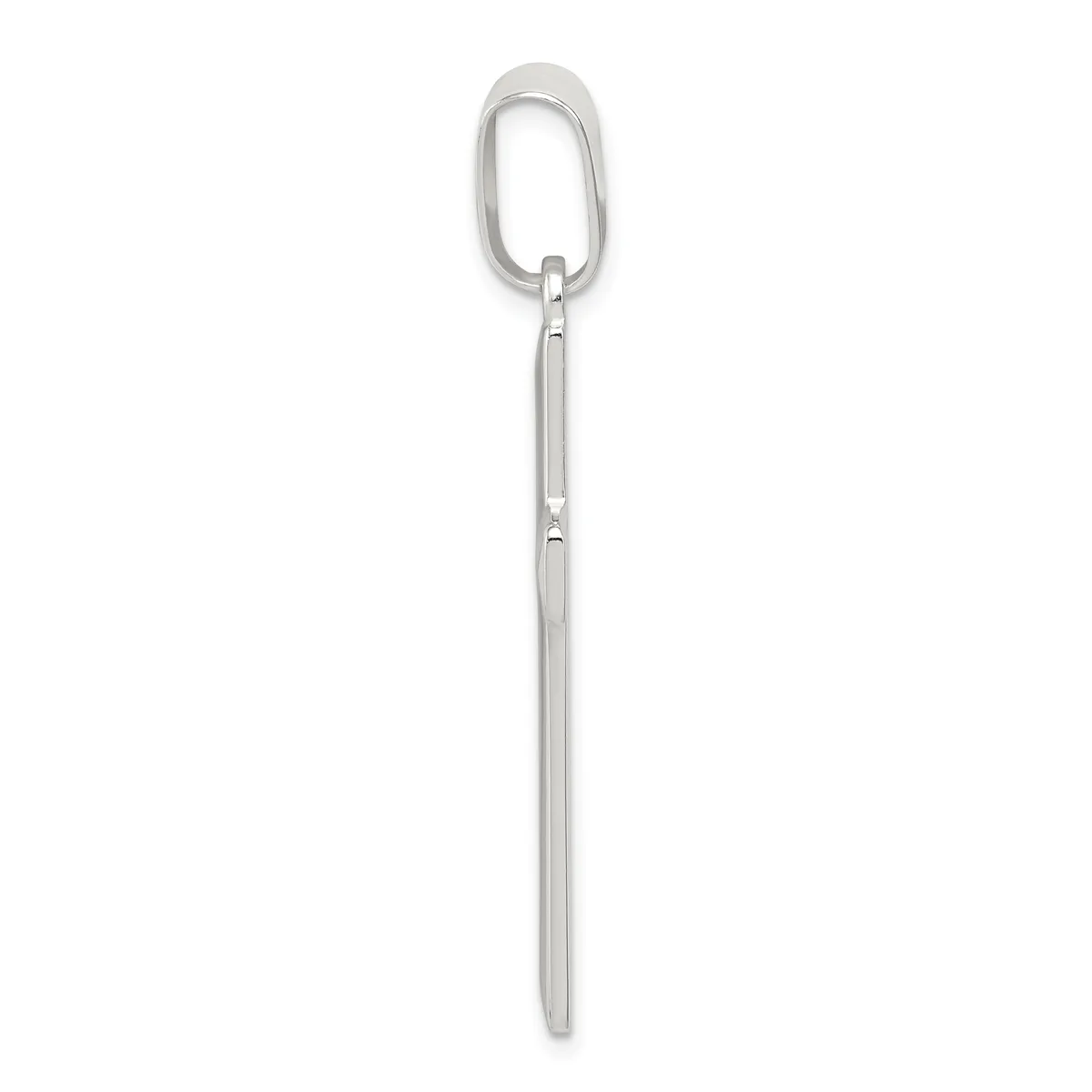 A long silver carabiner clip with an oval loop at the top and a thin pointed shaft extending downward against a white background.
