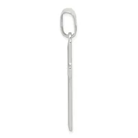 A long silver carabiner clip with an oval loop at the top and a thin pointed shaft extending downward against a white background.