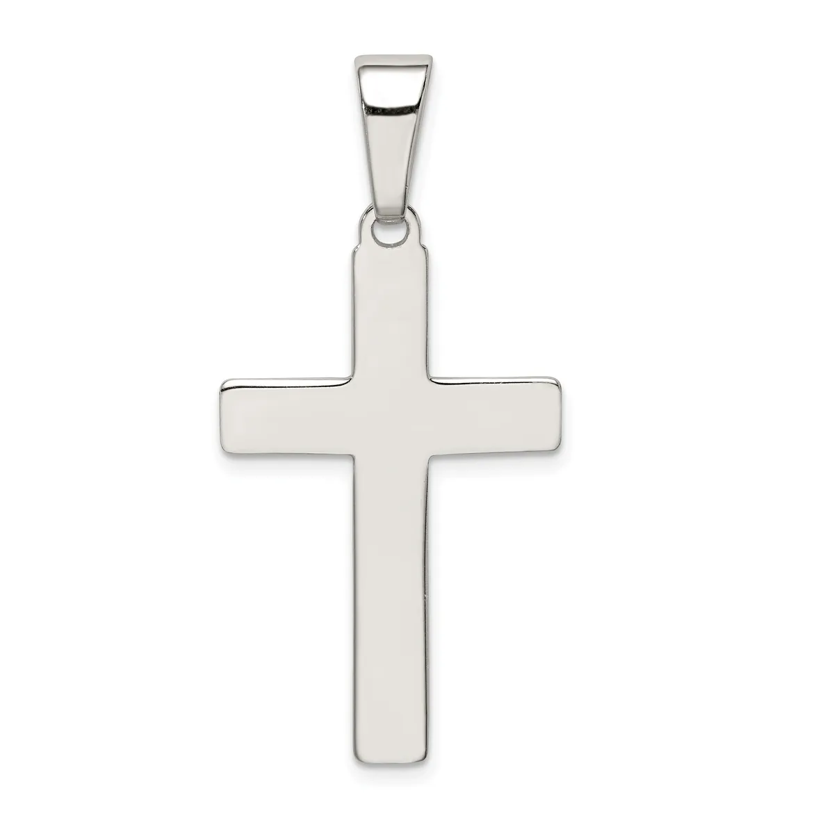 A polished silver cross pendant with a rectangular bail at the top, displayed against a white background.