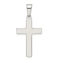 A polished silver cross pendant with a rectangular bail at the top, displayed against a white background.