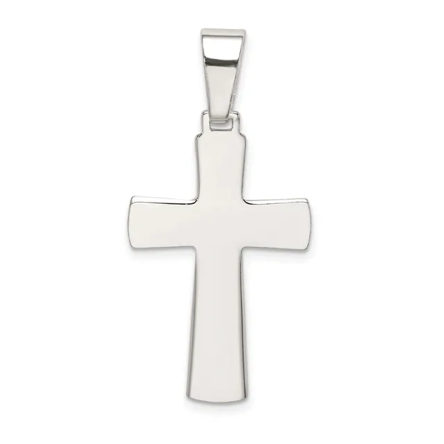 Silver cross pendant with a polished finish and rectangular bail, displayed against a white background.
