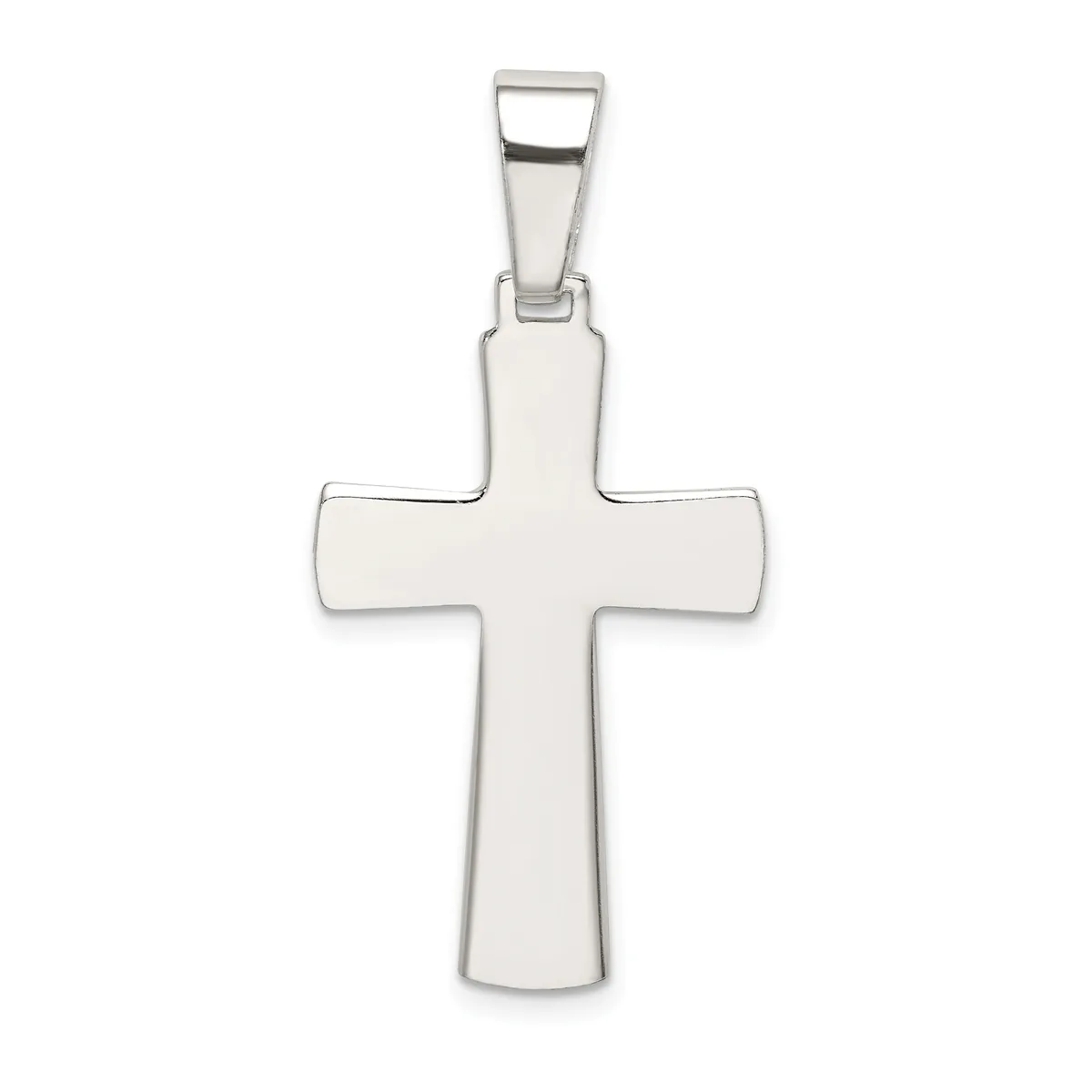 Silver cross pendant with a polished finish and rectangular bail, displayed against a white background.