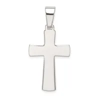 Silver cross pendant with a polished finish and rectangular bail, displayed against a white background.