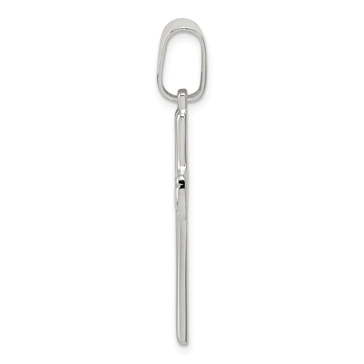A long silver carabiner clip with an oval gate loop at the top and an elongated shaft extending downward.