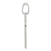 A long silver carabiner clip with an oval gate loop at the top and an elongated shaft extending downward.