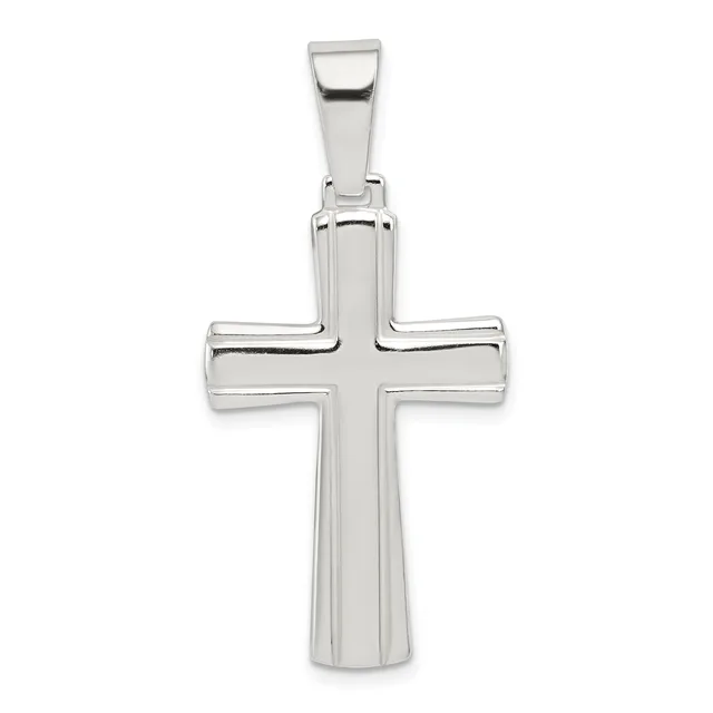 A polished silver cross pendant with a rectangular bail at the top, featuring a grooved vertical center line and beveled edges on the arms.