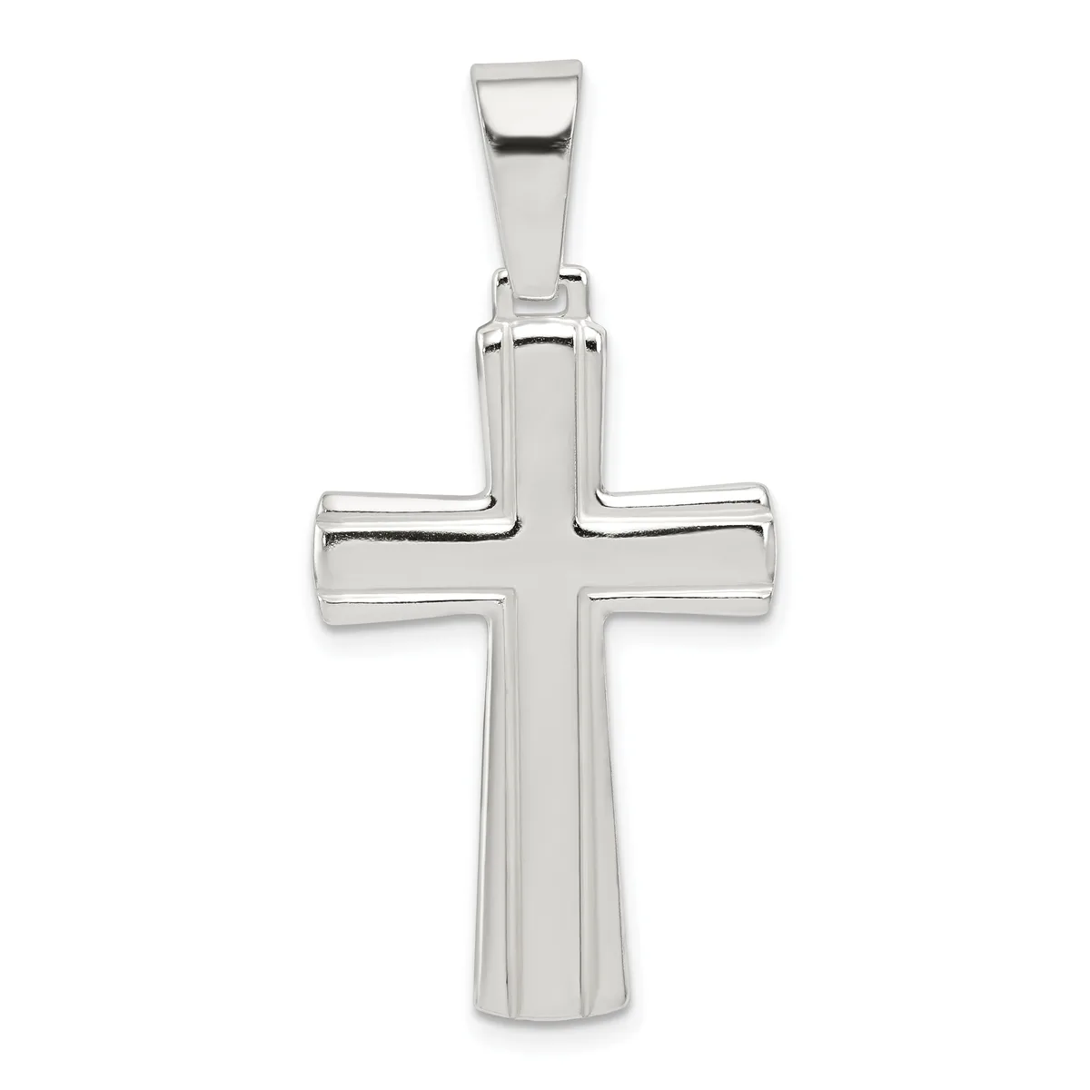 A polished silver cross pendant with a rectangular bail at the top, featuring a grooved vertical center line and beveled edges on the arms.