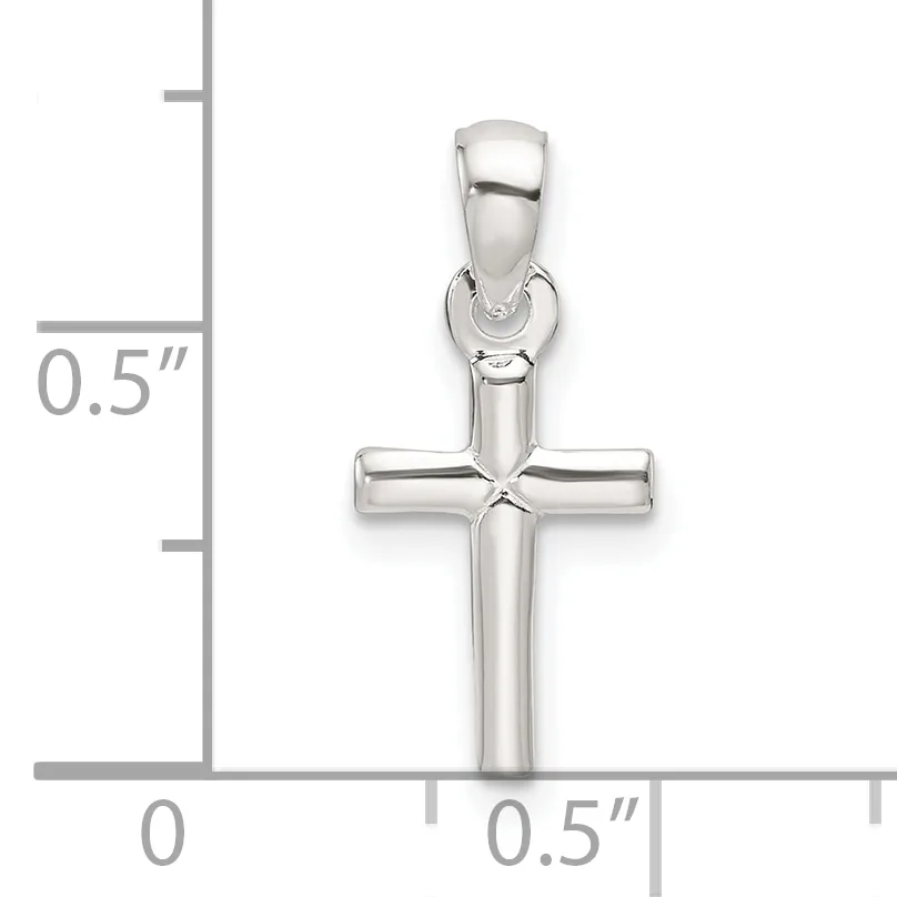 A polished silver cross pendant with rounded edges and a bail loop, shown against a measurement scale indicating approximately 0.5 inches in width and height.