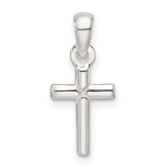 A polished silver cross pendant with a hollow cylindrical design and a small bail loop at the top for hanging.