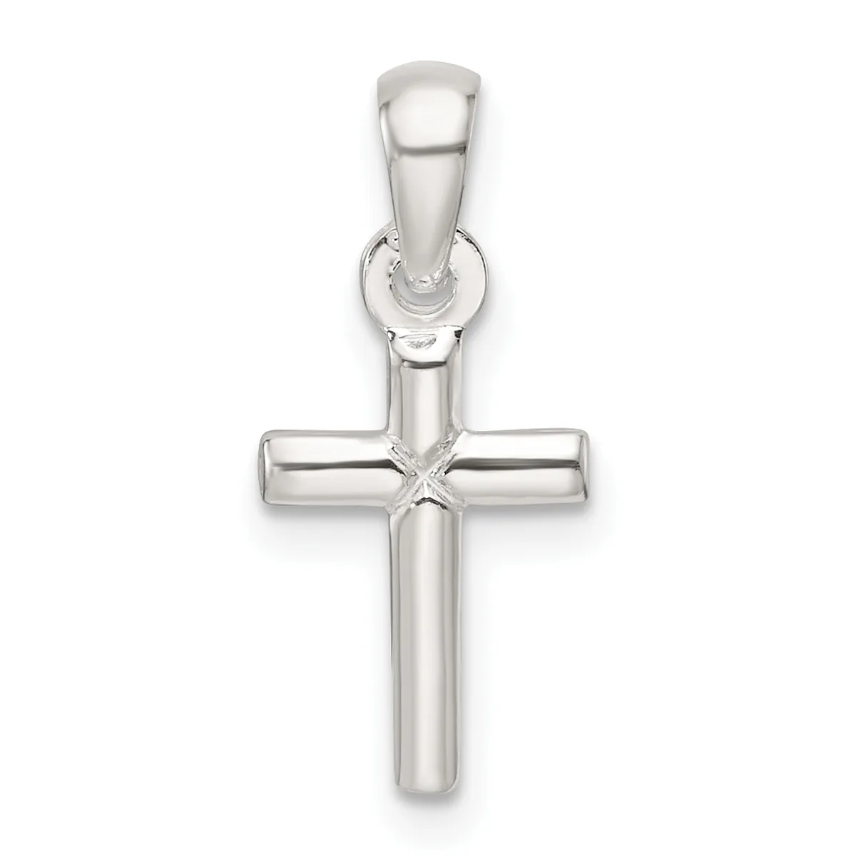 A polished silver cross pendant with a hollow cylindrical design and a small bail loop at the top for hanging.