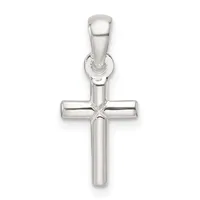 A polished silver cross pendant with a hollow cylindrical design and a small bail loop at the top for hanging.