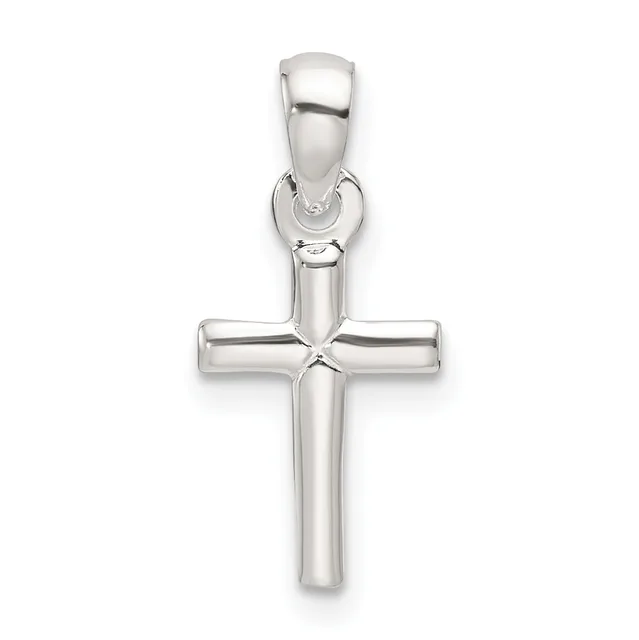 A polished silver cross pendant with a rectangular horizontal beam intersecting a longer vertical shaft, attached to a bail loop at the top.
