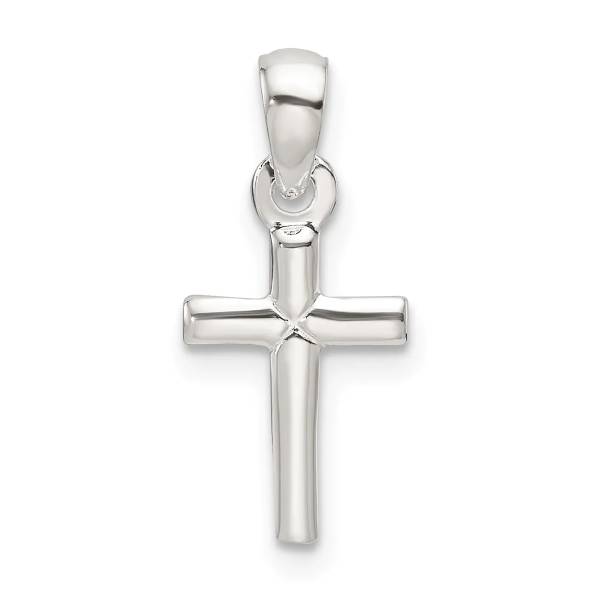 A polished silver cross pendant with a rectangular horizontal beam intersecting a longer vertical shaft, attached to a bail loop at the top.