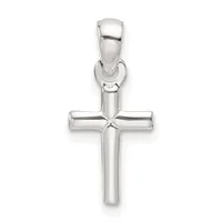 A polished silver cross pendant with a rectangular horizontal beam intersecting a longer vertical shaft, attached to a bail loop at the top.