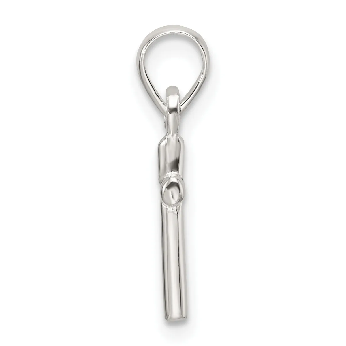 A silver keychain charm consisting of a small cylindrical whistle suspended from a split ring with a connector loop.