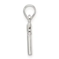 A silver keychain charm consisting of a small cylindrical whistle suspended from a split ring with a connector loop.