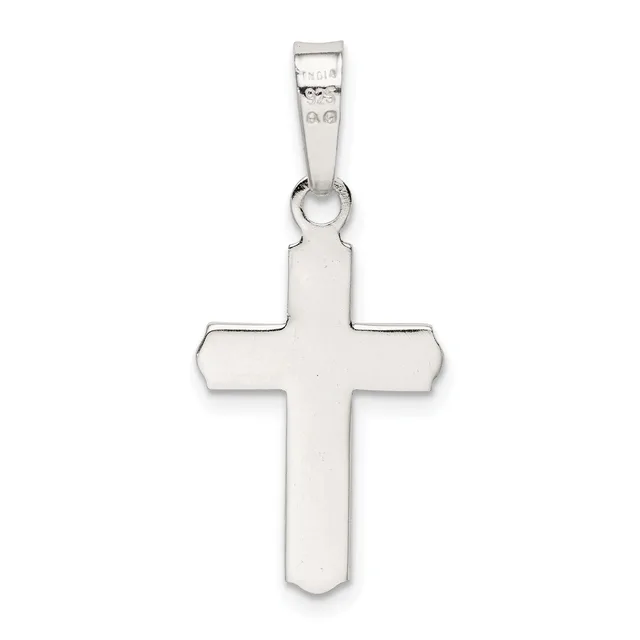 A polished silver cross pendant with rounded edges and a rectangular bail attachment, shown against a white background.