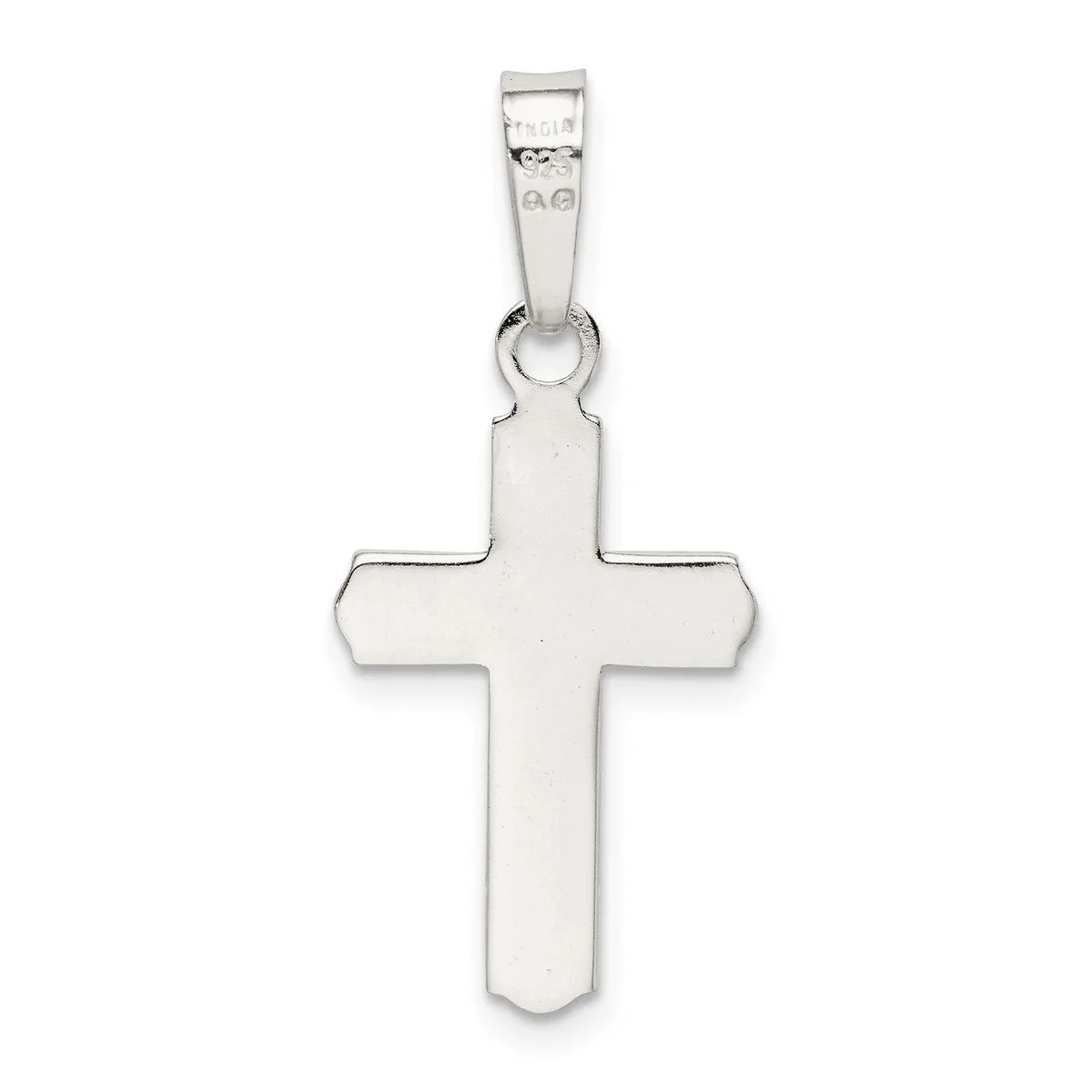 A polished silver cross pendant with rounded edges and a rectangular bail attachment, shown against a white background.