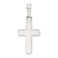 A polished silver cross pendant with rounded edges and a rectangular bail attachment, shown against a white background.