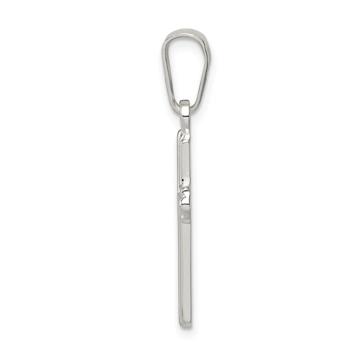 A silver carabiner clip attached to a long silver cylindrical pendant with small stamped hallmarks, displayed against a white background.