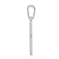A silver carabiner clip attached to a long silver cylindrical pendant with small stamped hallmarks, displayed against a white background.