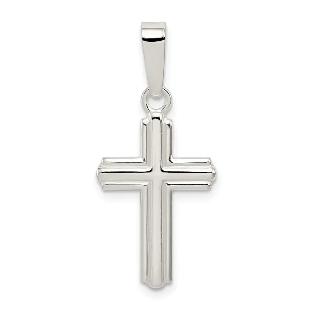 A polished silver cross pendant with rounded rectangular arms and a small square bail at the top, shown hanging against a white background.