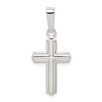 A polished silver cross pendant with rounded rectangular arms and a small square bail at the top, shown hanging against a white background.