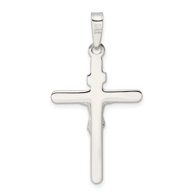 A polished sterling silver cross pendant with rounded edges and a small bail loop at the top, displayed against a white background.