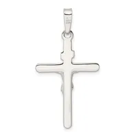 A polished sterling silver cross pendant with rounded edges and a small bail loop at the top, displayed against a white background.