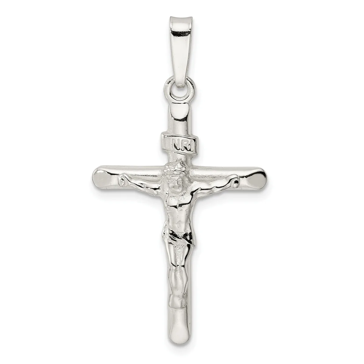 A silver crucifix pendant with a polished finish, featuring a detailed corpus figure, suspended from a rectangular bail.