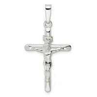 A silver crucifix pendant with a polished finish, featuring a detailed corpus figure, suspended from a rectangular bail.