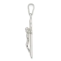 A silver pendant charm featuring a monkey or primate figure hanging from a chain attached to a carabiner clip.