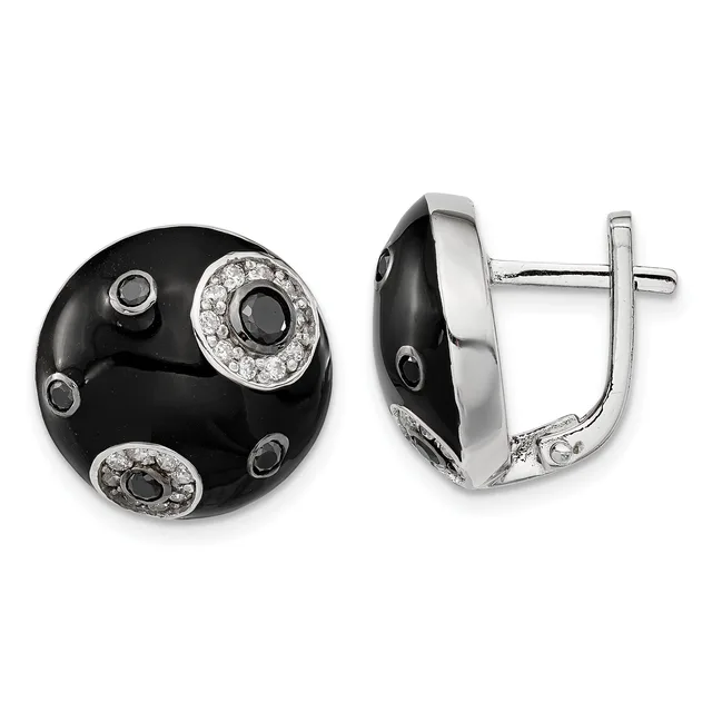 A pair of black onyx dome earrings with silver settings, decorated with small diamonds arranged in circular patterns around the surface, shown from front and side views.