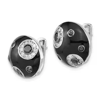 Pair of black onyx oval earrings with diamond halos and small black stone accents, featuring silver-tone clip backs, shown from the front.