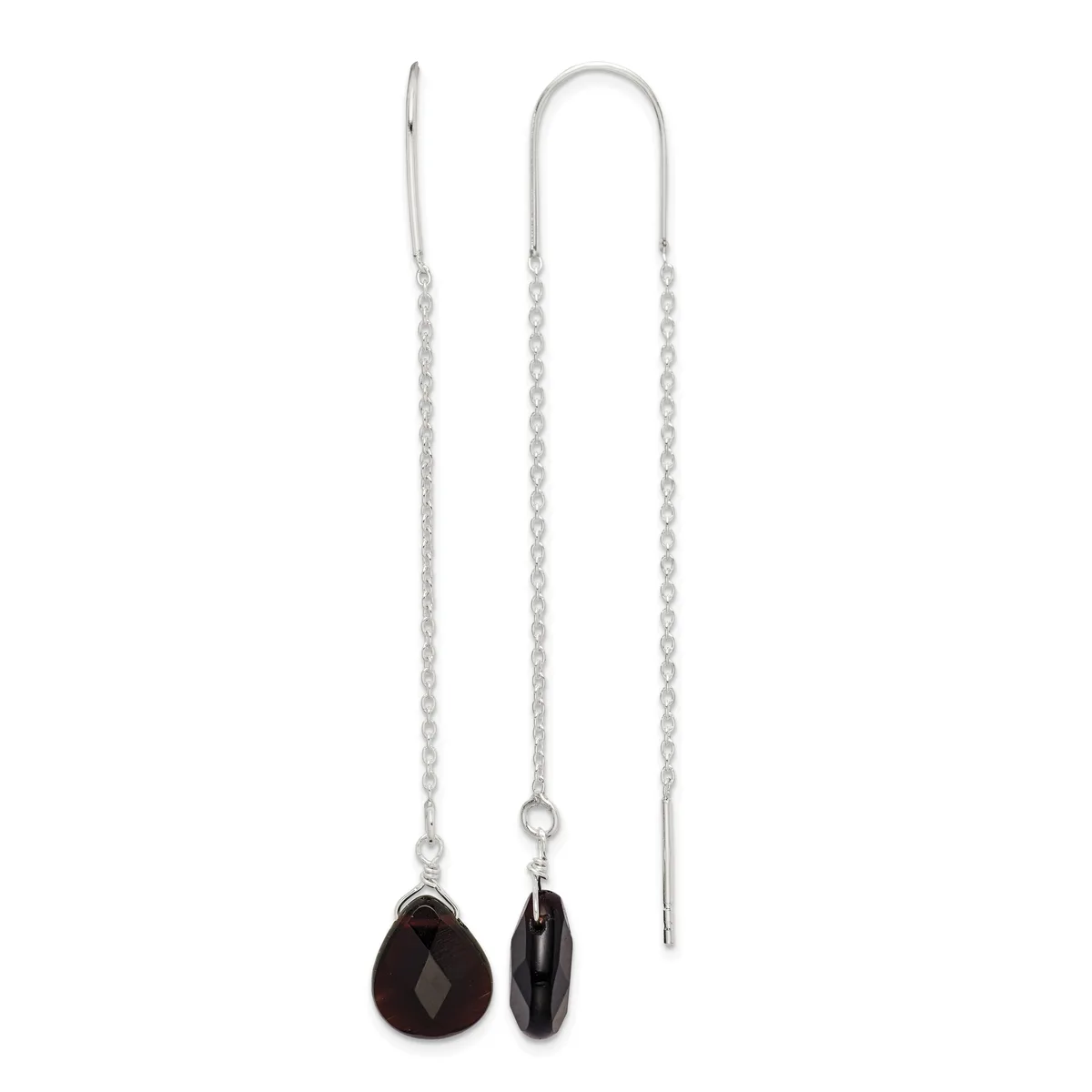 Pair of silver threader earrings with faceted black gemstone drops, displayed with one showing the front view and one showing the back view.
