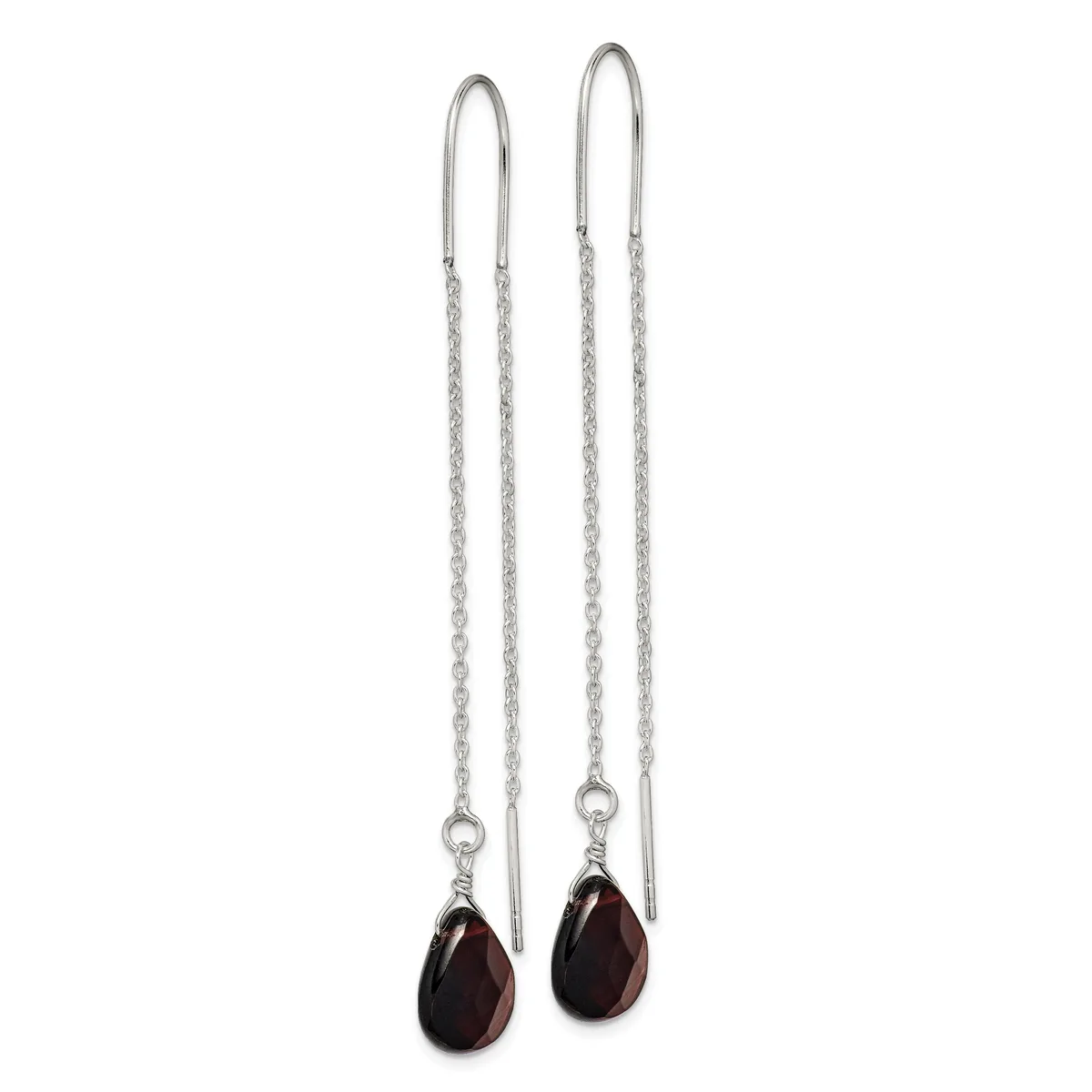 Pair of silver threader earrings with delicate chain strands and dark faceted teardrop gemstones hanging from curved ear wires.