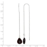 Three silver threader earrings with chain details and dark faceted gemstone drops, displayed against a measurement scale showing lengths up to 3 inches.