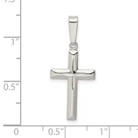 A polished silver cross pendant with a smaller cross engraved in the center, shown next to a measurement scale indicating approximately one inch in height.