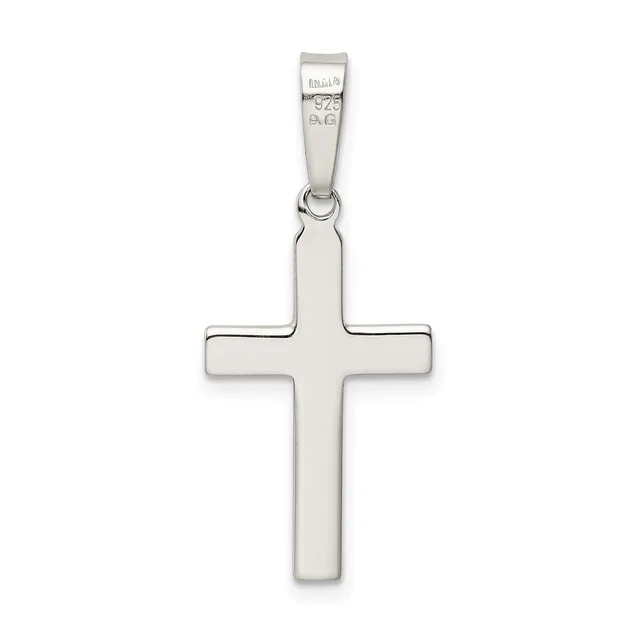 A polished silver cross pendant with a rectangular bail attachment, displayed against a white background.