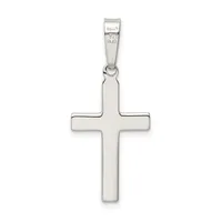 A polished silver cross pendant with a rectangular bail attachment, displayed against a white background.