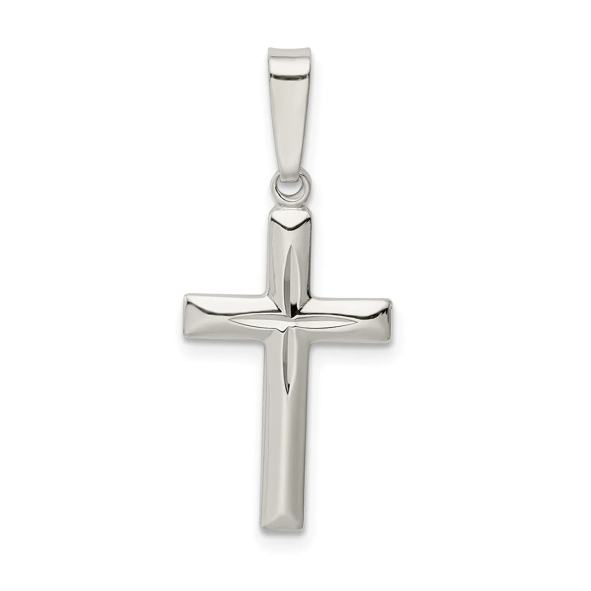 A polished silver cross pendant with a smaller cross etched in the center, suspended from a rectangular bail, shown against a white background.