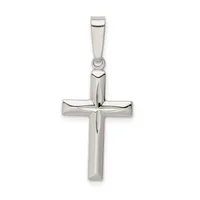 A polished silver cross pendant with a smaller cross etched in the center, suspended from a rectangular bail, shown against a white background.