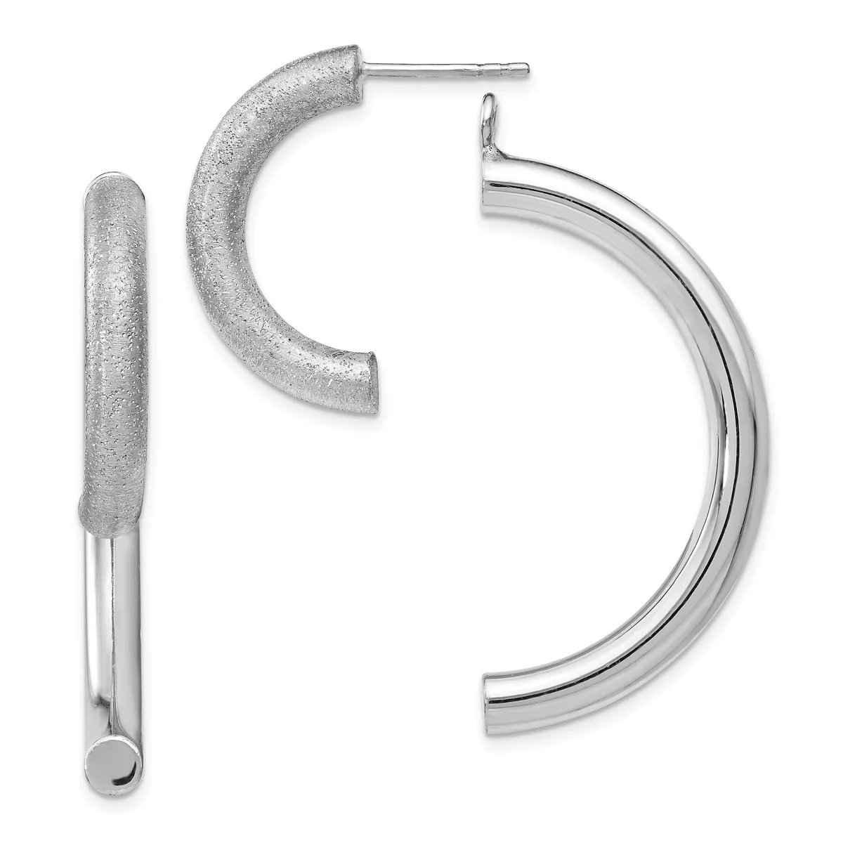 Two silver hoop earrings displayed against a white background: one with a textured frosted finish and one with a polished smooth finish.