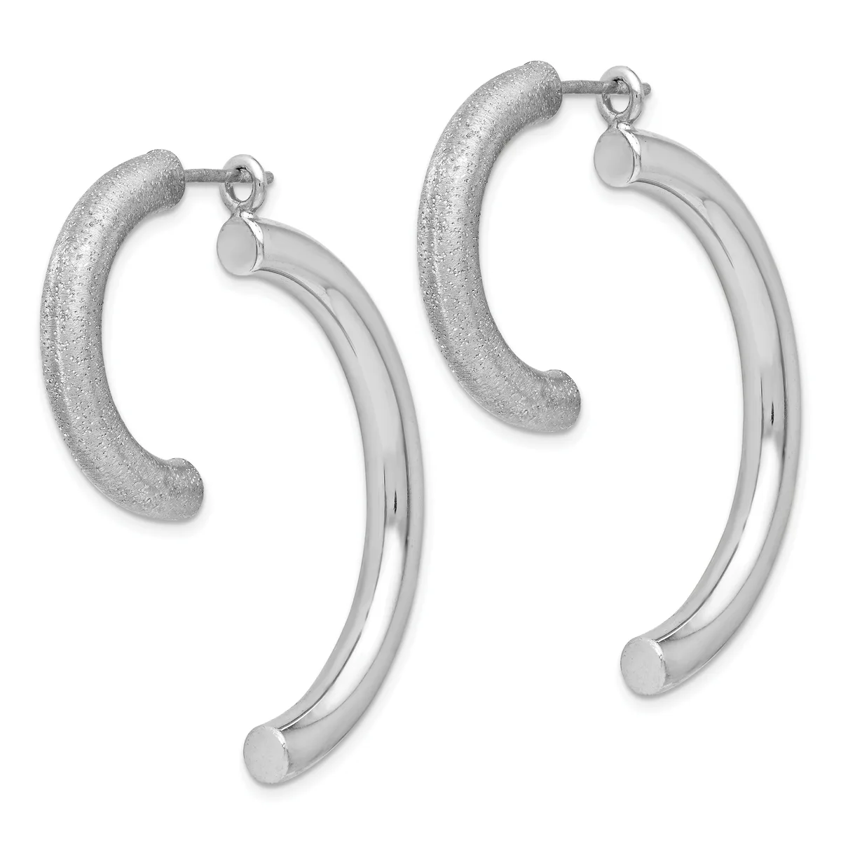 A pair of silver-tone curved hoop earrings with textured and polished finishes, featuring post and clutch closures.