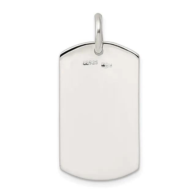 A polished silver dog tag pendant with rounded rectangular shape and a loop bail at the top, shown against a white background.