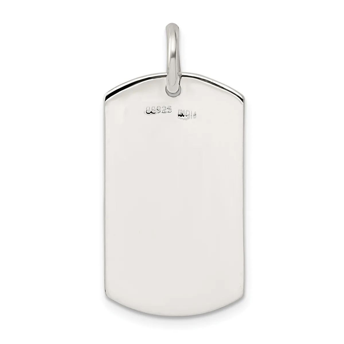 A polished silver dog tag pendant with rounded rectangular shape and a loop bail at the top, shown against a white background.